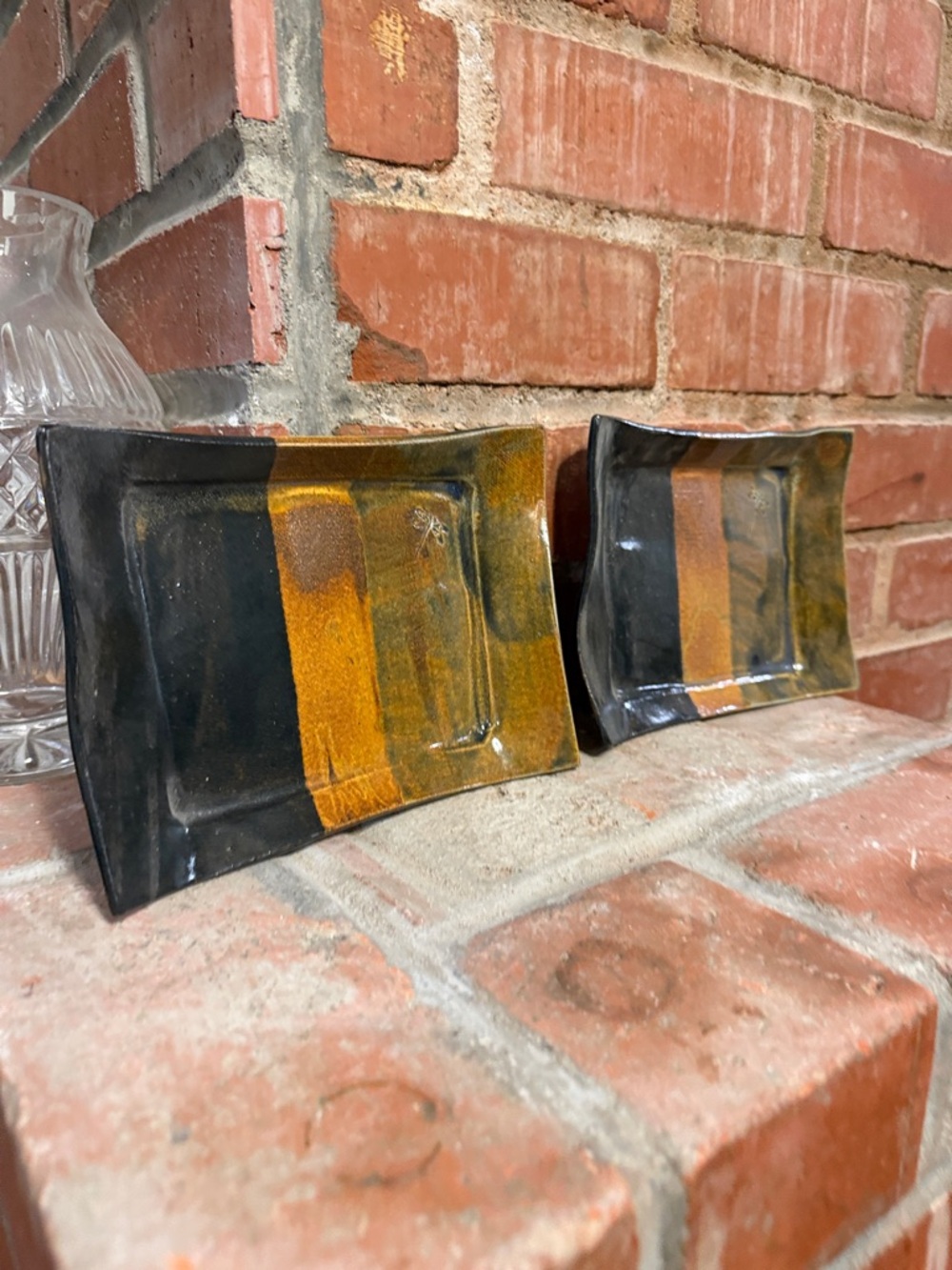 Handmade Rectangular Ceramic Dishes in Black and Amber